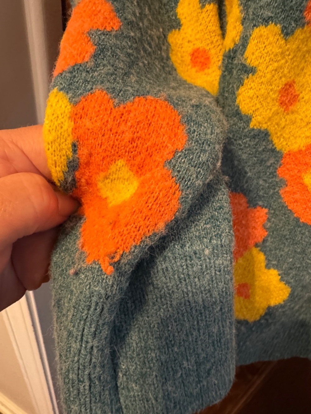 Cider Women's Teal Sweater with Orange and Yellow Floral Pattern Size M - Picture 4 of 5